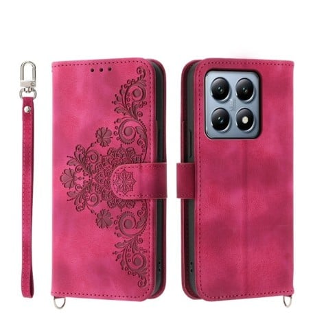 Чехол-книжка Skin-feel Flowers Embossed для Xiaomi 14T Pro - винно-красный