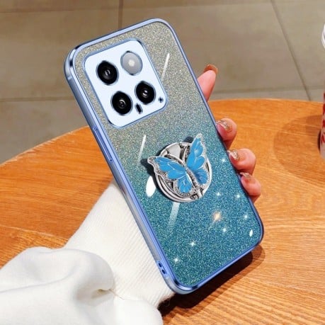 Противоударный чехол Plated Gradient Glitter Butterfly Holder для Xiaomi 14 - голубой