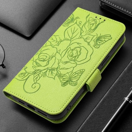 Чехол-книжка Embossed Rose RFID Anti-theft Leather для Realme GT 6T 5G Global - зеленый