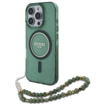 Оригинальный чехол Guess IML Glitter With Pearl Strap MagSafe для iPhone 16 Pro Max - green