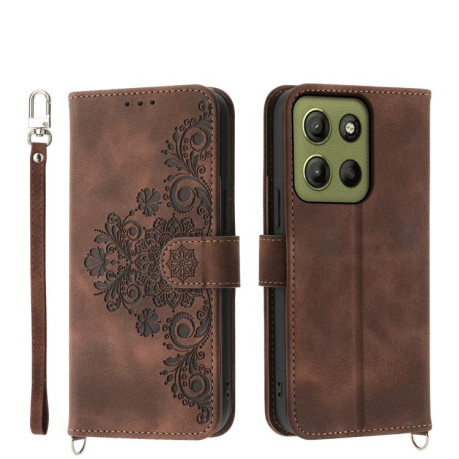Чехол-книжка Skin-feel Flowers Embossed для Motorola Moto G15 - коричневый