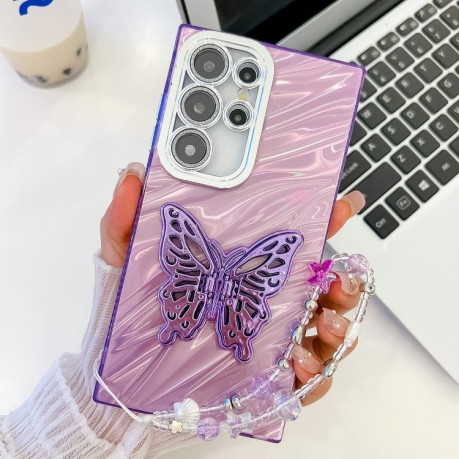 Протиударний чохол Plating Glitter Lens Film Texture Butterfly Holder Wristband  для Samsung Galaxy S25 Ultra 5G - Purple Water Ripples
