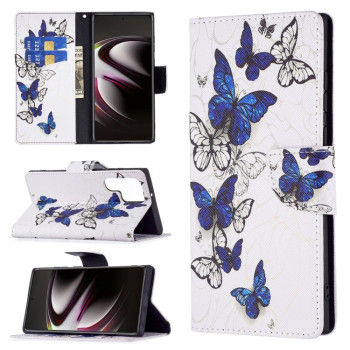 Чехол-книжка Colored Drawing Pattern для Samsung Galaxy S22 Ultra 5G - Blue Butterflies