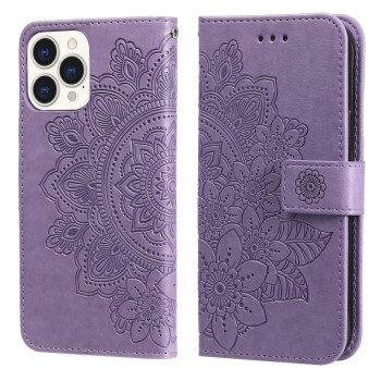 Чохол-книжка Flowers Embossing Pattern для iPhone 13 Pro Max - фіолетовий