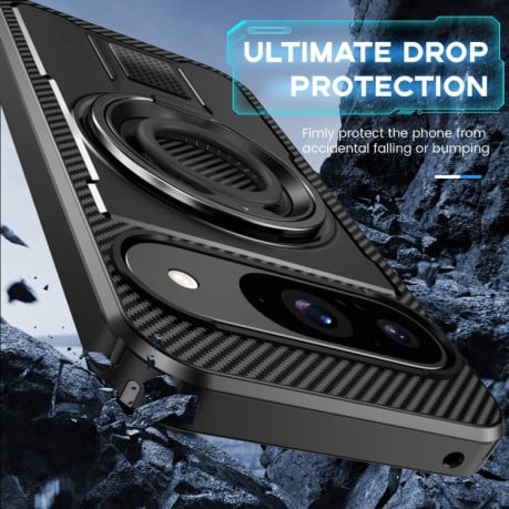 Противоударный чехол Ring Holder Carbon Fiber PC Hybrid TPU для Google Pixel 9 / 9 Pro - черный