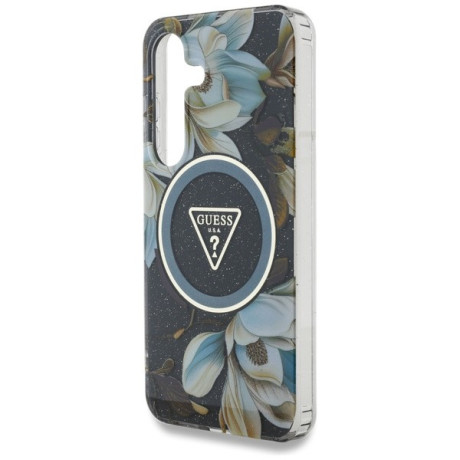 Оригинальный чехол Guess Glitter Flowers Triangle Buttons MagSafe для Samsung Galaxy S25 - black