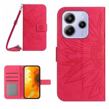 Чехол-книжка Skin Feel с рисунком подсолнуха на Xiaomi Redmi Note 14 4G 164.84mm EU Version - пурпурно-красный