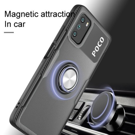 Противоударный чехол Acrylic Ring Holder на Xiaomi Poco M3 - черно-серебристый