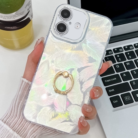 Противоударный чехол Plating Glitter Texture Ring Holder для iPhone 16 - White Feathers