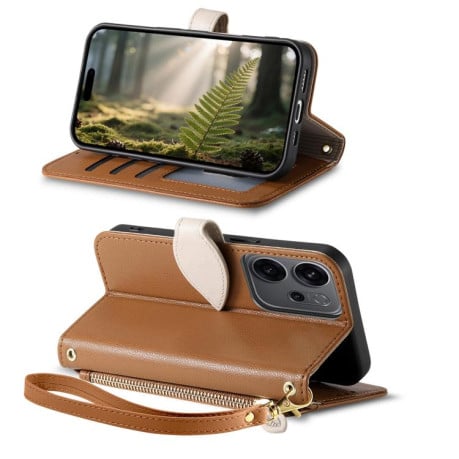 Чохол-книжка Leaf Buckle Zipper Wallet Leather with Strap на блискавці з ремінцем для OPPO Reno14 F 5G — коричневий