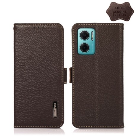 Кожаный чехол-книжка KHAZNEH Genuine Leather RFID для Xiaomi Redmi 10  - коричневый