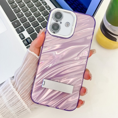 Протиударний чохол Plating Glitter Texture Fold Holder TPU Phone Case with Lens Film для iPhone 16 - Purple Water Ripples