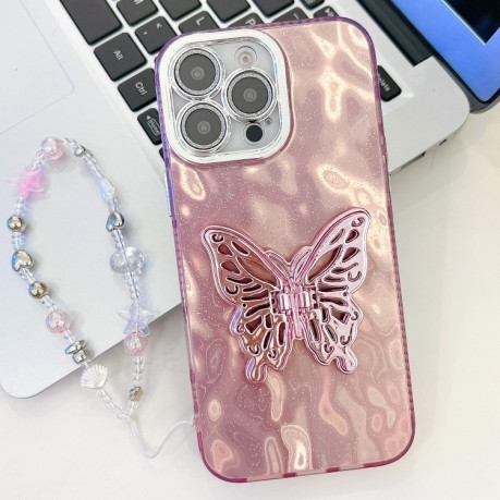 Протиударний чохол Plating Glitter Lens Film Texture Butterfly Holder Wristband для iPhone 16 Pro Max - Pink Wrinkles