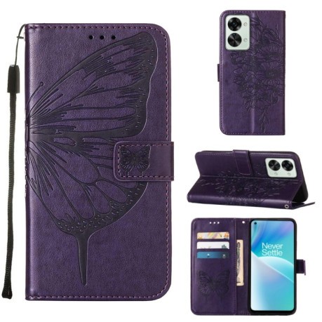 Чохол-книжка Embossed Butterfly для OnePlus Nord 2T 5G - темно-фіолетовий