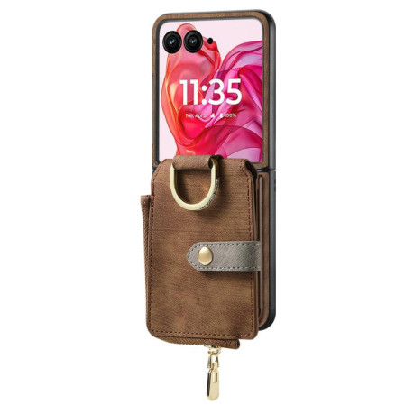 Чехол Cross Leather Ring Vertical Zipper Wallet для Motorola Razr 60 Ultra - коричневий