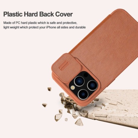 Кожаный чехол-книжка Nillkin Qin Series для iPhone 15 Pro - коричневый