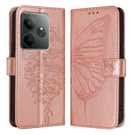 Чехол-книжка Embossed Butterfly для Realme GT 6T 5G Global - розовое золото