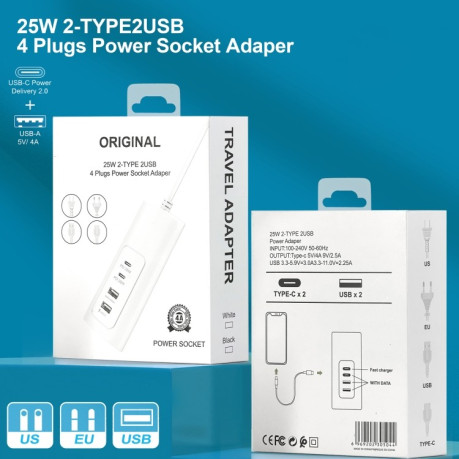 Универсальный разветвитель PD 20W Dual USB-C/Type-C + Dual USB 4-Ports Fast Charging Power Socket, USB Plug Cable Length: 1m - белый