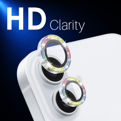 Захисне скло NORTHJO Glitter Camera Lens Protector Tempered Glass Metal Ring для iPhone 16 / 16 Plus - різнокольорове