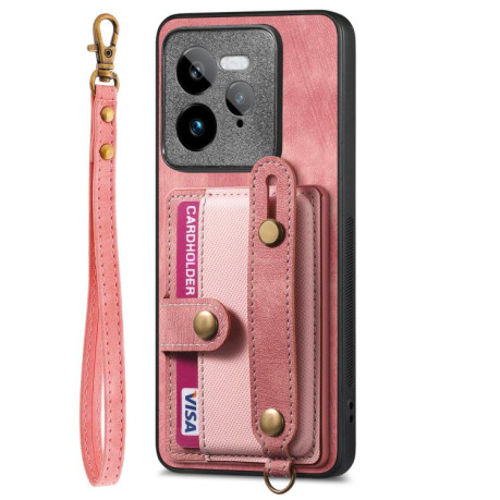 Противоударный чехол Retro Cross Wristband Wallet Leather для Realme GT 7 Pro - розовый