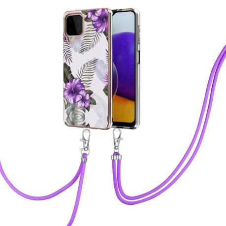 Противоударный чехол Electroplating with Lanyard для Samsung Galaxy M32/A22 4G - Purple Flower