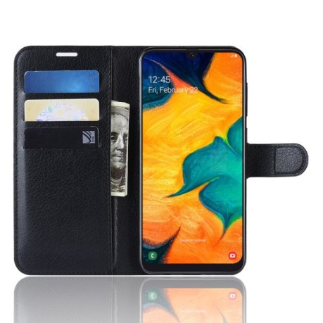 Кожаный чехол-книжка Litchi Texture  на Samsung Galaxy A20/ A30-черный
