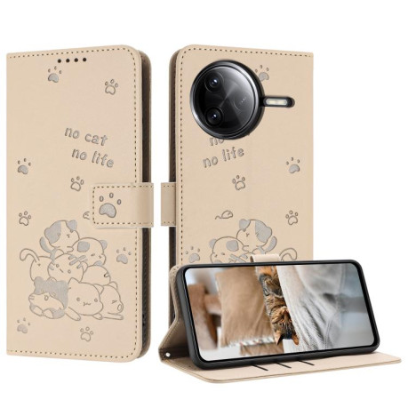Чехол-книжка Embossed Kitten Phone Leather для Xiaomi Poco F7 Pro / F7 Ultra - бежевый