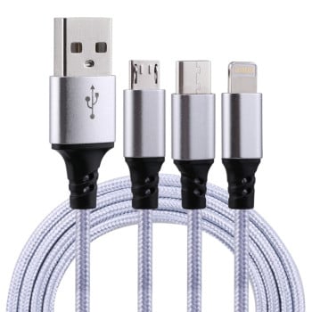 Універсальний зарядний кабель 2A 1.2m 3 in 1 USB to 8 Pin &amp; USB-C / Type-C &amp; Micro Nylon Weave Charging Cable