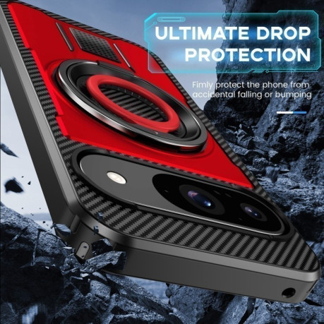 Противоударный чехол Ring Holder Carbon Fiber PC Hybrid TPU для Google Pixel 9 / 9 Pro - красный