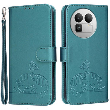 Чехол-книжка Cat Butterfly Embossed RFID Vegan с ремешком на Realme GT8 Pro Global — тёмно-зелёный