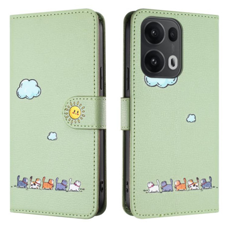 Чехол-книжка Cartoon Cats Leather для OPPO Reno13 Pro 5G Global - зеленый