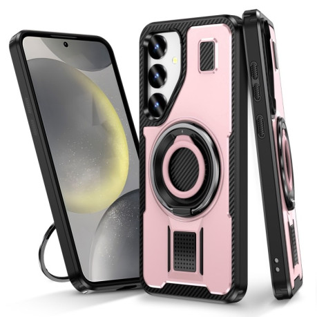 Противоударный чехол Ring Holder Carbon Fiber PC Hybrid TPU для Samsung Galaxy S25+ 5G - розовое золото