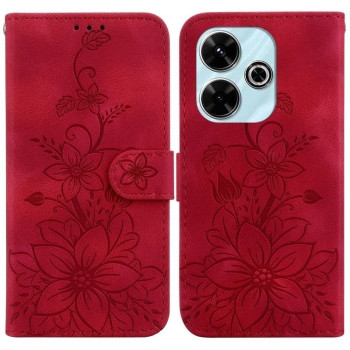 Чехол-книжка с тиснением Lily и магнитной застежкой на Xiaomi Poco M6 4G - красный