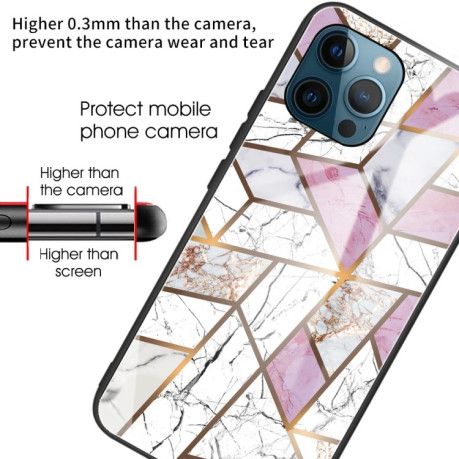 Противоударный стеклянный чехол Marble Pattern для iPhone 13 Pro - Rhombus White Purple