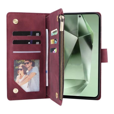 Чехол-книжка Multifunctional Frosted Zipper Wallet с матовой фактурой и ремешком на Samsung Galaxy S25 FE 5G - винно-красный