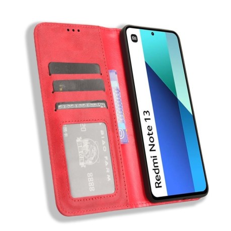 Чехол-книжка Magnetic Buckle Retro Crazy Horse Texture на Xiaomi Redmi Note 13 4G - красный
