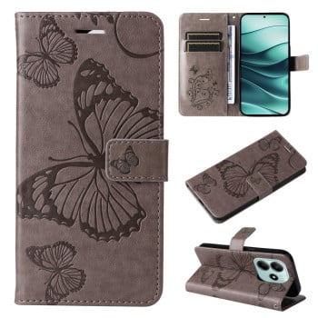 Чехол-книжка с тиснением “бабочки” и магнитным хлястиком на Xiaomi Redmi Note 14 5G/Poco M7 Pro 5G - серый