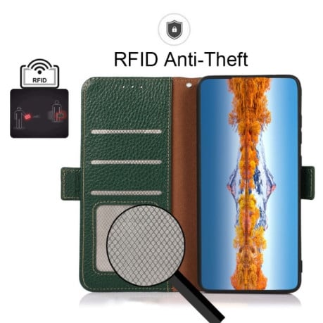 Кожаный чехол-книжка KHAZNEH Genuine Leather RFID для Samsung Galaxy A13 4G - зеленый