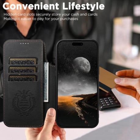 Чехол-книжка Suteni J06 с фактурой Retro Matte Litchi с MagSafe на iPhone 17 - черный