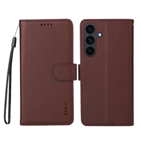 Чохол-книжка ENKAY RFID Blocking Wallet Kickstand з фактурою Litchi та магнітним хлястиком на Samsung Galaxy S25 FE 5G - коричневий