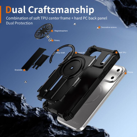 Противоударный чехол Shockproof Kickstand Metallic Shaft MagSafe на iPhone 17 Pro - черный
