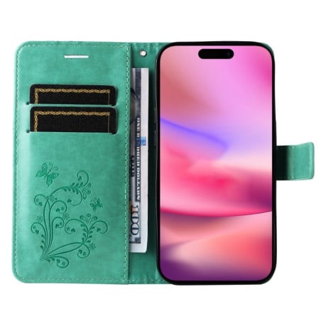 Чехол-книжка Embossed Butterfly для iPhone 16 - зеленый