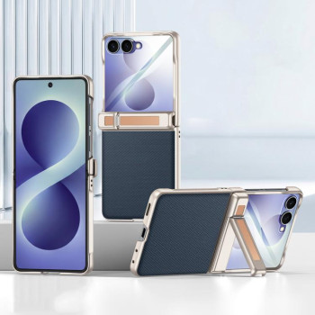 Чехол из эко-кожи Spring Hinge Holder Vegan Leather Integrated Film с пружинной петлёй на Samsung Galaxy Flip8 5G — синий