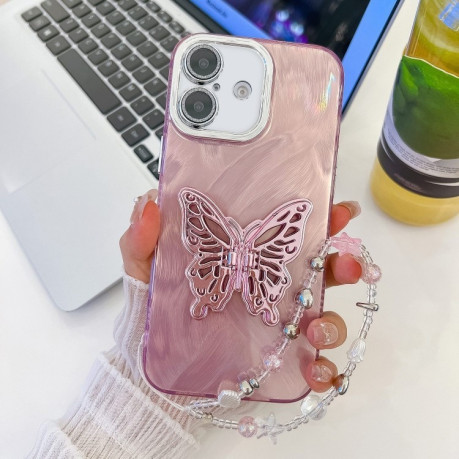 Протиударний чохол Plating Glitter Lens Film Texture Butterfly Holder Wristband для iPhone 16 - Pink Feather Yarn