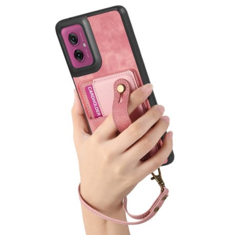 Противоударный чехол Retro Cross Wristband Wallet Leather для Motorola Moto G55 - розовый