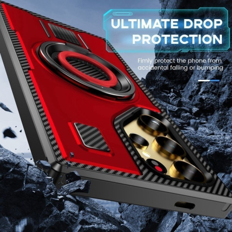 Протиударний чохол Ring Holder Carbon Fiber PC Hybrid TPU  для Samsung Galaxy S25 Ultra 5G - червоний
