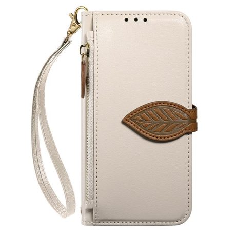 Чехол-книжка Leaf Buckle Zipper Wallet Leather with Strap на молнии с ремешком для OPPO Reno14 F 5G — бежевый