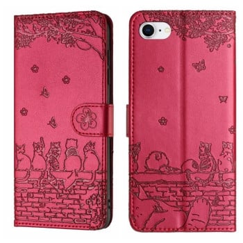 Чехол-книжка Cat Embossing Pattern на iPhone 16e - красный