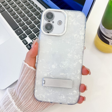 Протиударний чохол Plating Glitter Texture Fold Holder TPU Phone Case with Lens Film для iPhone 16 - White Shell Pattern