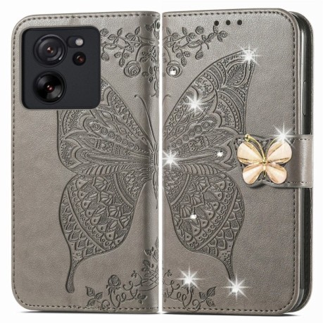 Чехол-книжка Rhinestones Butterfly Love Flower Embossed для Xiaomi 13T / 13T Pro - серый